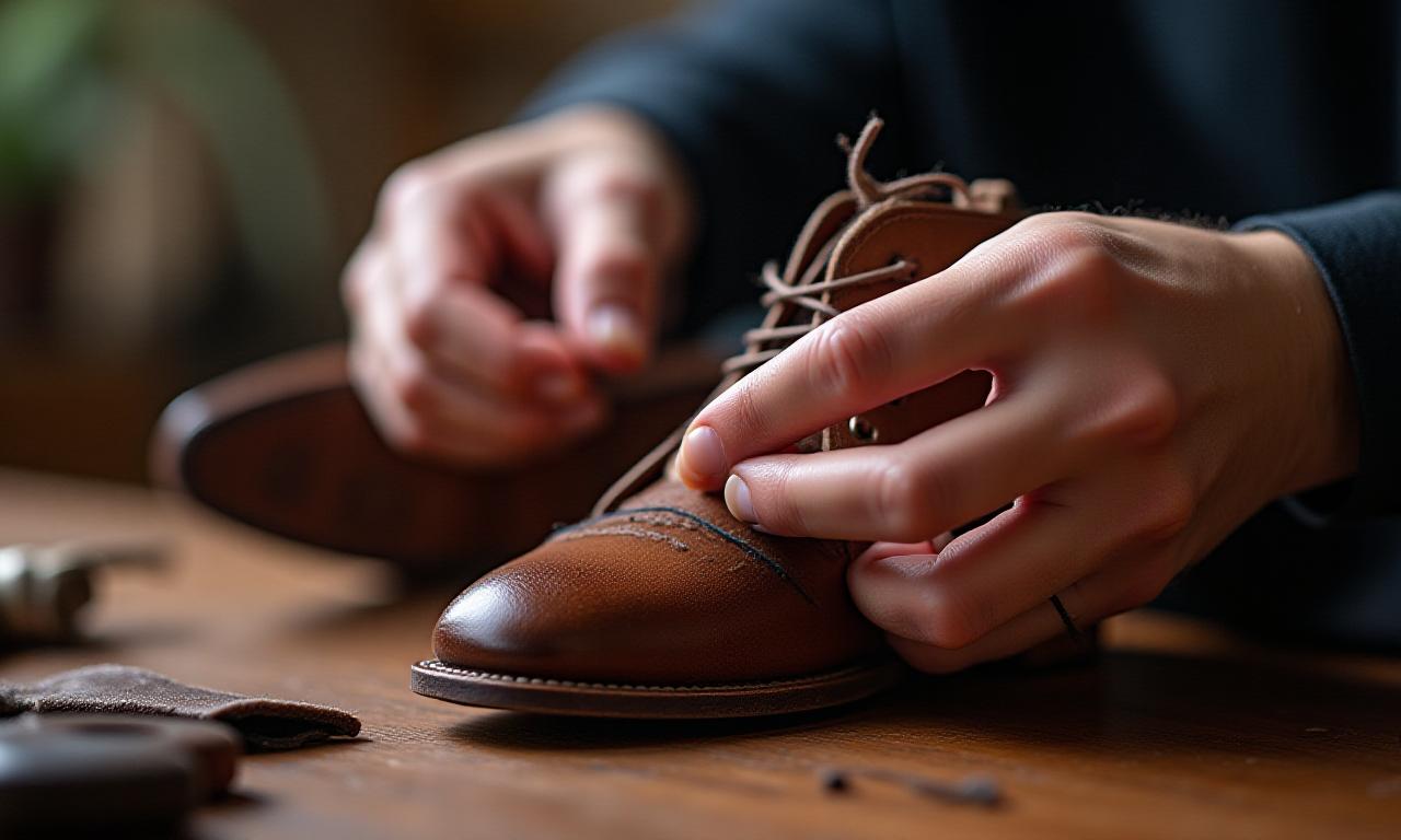 職人の手元が革靴を丹念に縫い合わせている様子