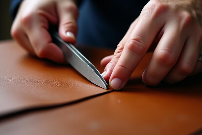 職人が選定された最高級の革を裁断している様子